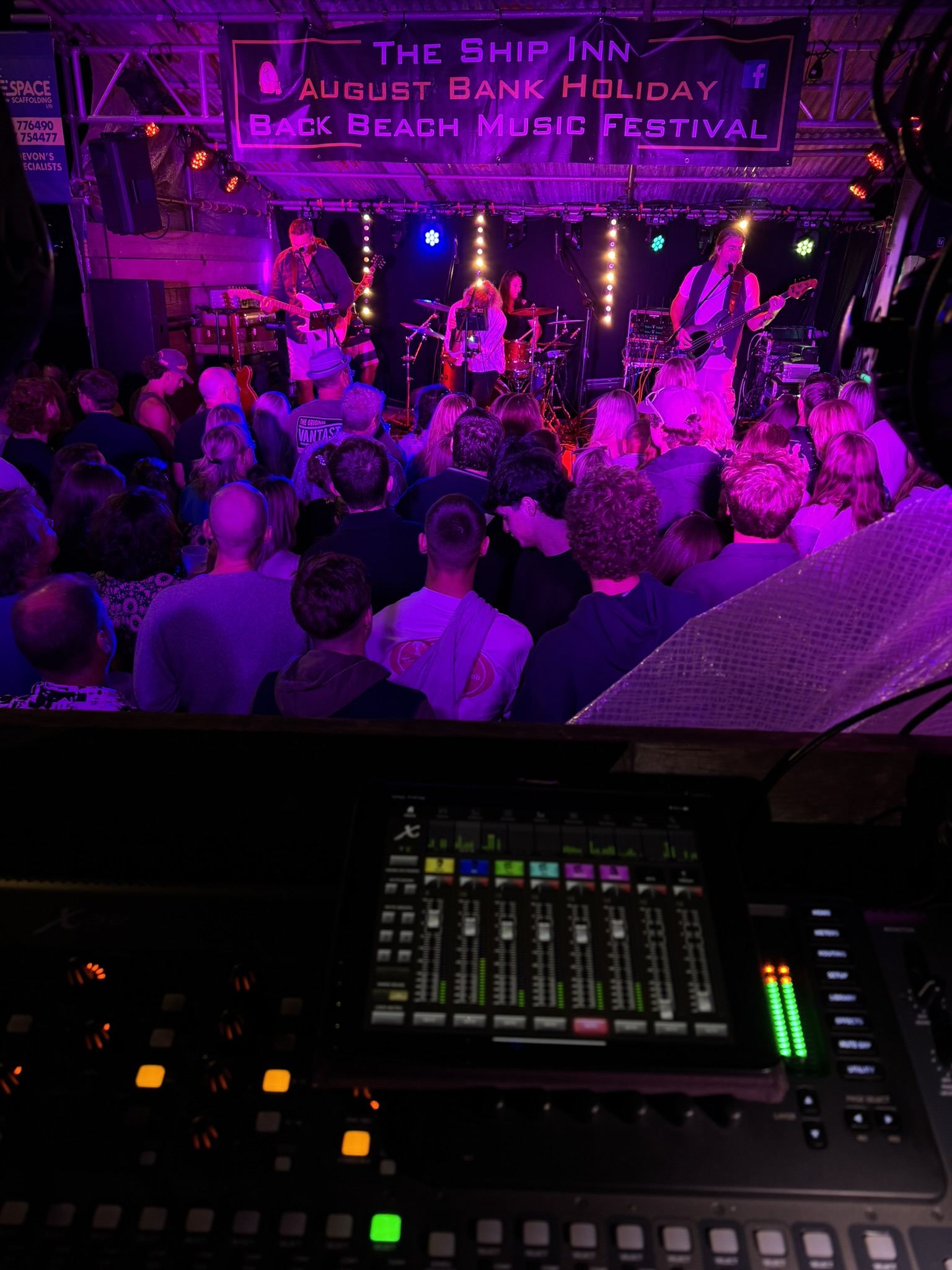 Band performing at The Ship Inn Back Beach Music Festival, X32 mixer in foreground